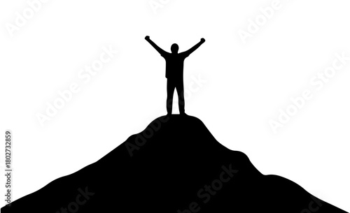 A black-and-white illustration of a man who has conquered the top of a mountain and raised his hands up, feeling the delight of the journey he has made on a white isolated background. Vector graphics.