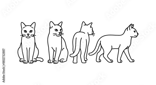 Linear cat design: four angles of a sitting and walking cat outline art