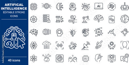 Artificial Intelligence and Machine Learning Vector Icons. Set of 40 editable stroke symbols for AI technology, neural networks, and automation. Includes brain, chip, and robot designs