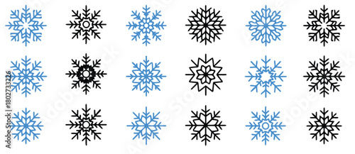 Unique snowflake collection for winter design projects and holiday cards with a festive, cheerful, seasonal vibe in black and blue