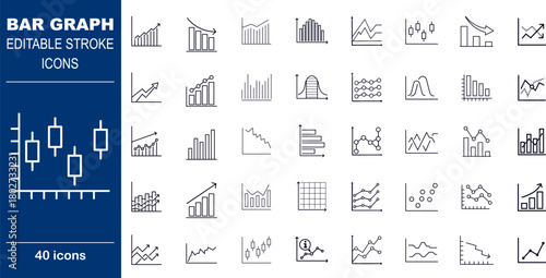Analytics and Data Visualization Vector Icons. Set of 40 editable stroke symbols for charts, graphs, and financial trends. Includes candlestick, bar graph, and growth metrics