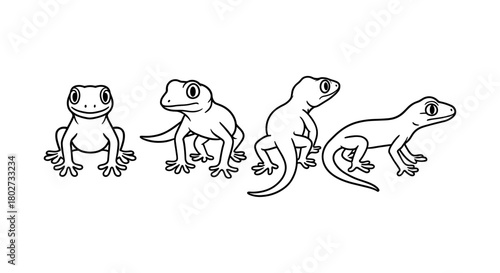 Gecko outline collection: four line art reptiles in various poses