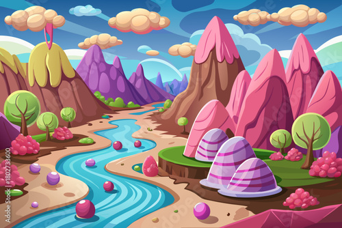 Pink mountains made of cotton candy cartoon background, chocolate river below and jellybean rocks scattered everywhere