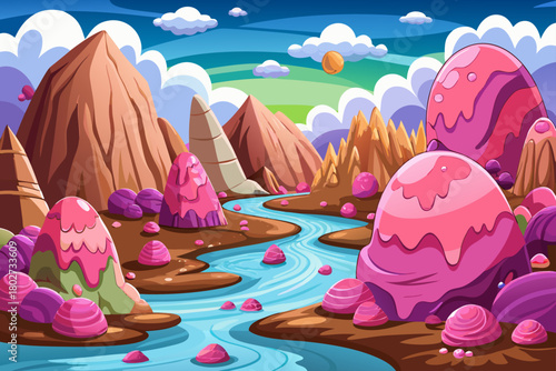 Pink mountains made of cotton candy cartoon background, chocolate river below and jellybean rocks scattered everywhere