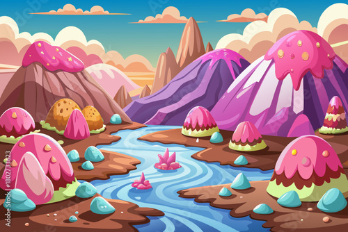 Pink mountains made of cotton candy cartoon background, chocolate river below and jellybean rocks scattered everywhere