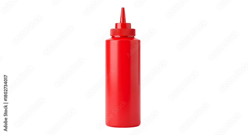 Obraz premium Bright Red Squeeze Bottle with Red Cap and Nozzle, isolated on a transparent background, cutout, PNG