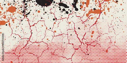 Bright red halftone dot pattern with energetic black orange splashes - contemporary digital art, modern vector.