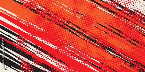 Bright red halftone dot pattern with energetic black orange splashes. eps 10 illustration.