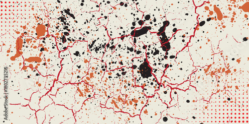 Bright red halftone dot pattern with energetic black orange splashes - contemporary digital art, modern vector.