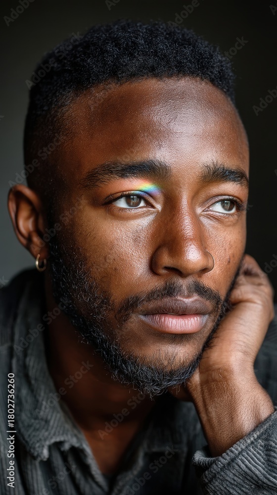 Obraz premium A young man looks away, hand near his face, with a rainbow reflection on his eye in a studio