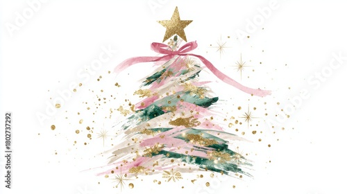 Watercolor Christmas tree illustration with golden star and festive decorations for holiday background