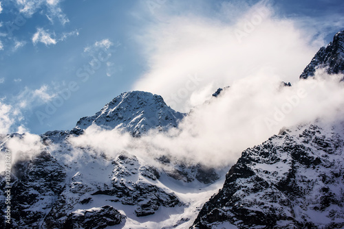 Fototapeta Naklejka Na Ścianę i Meble -  Mountain peaks near Morskie Oko Lake in Poland at Winter. Tatras range