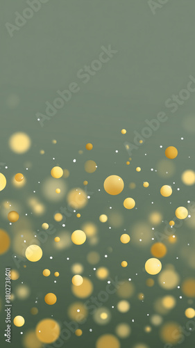 A vertical, sophisticated abstract background featuring a soft gradient of muted sage green glowing gold and yellow circular bokeh lights