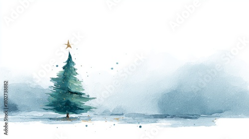 Watercolor illustration of a Christmas tree with star on top and soft blue background for holiday decor