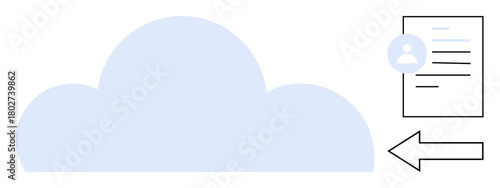 Large blue cloud, document with user profile icon, and arrow suggesting upload. Ideal for data storage, file sharing, user information, digital services, technology, cloud computing modern digital