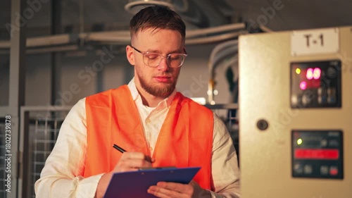 Engineer diligently records data, demonstrating intense focus and commitment to workplace tasks. Professional attention to detail ensures accuracy operational excellence within the industrial setting.
