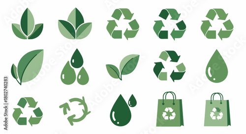 Collection of green recycling and nature icons isolated on