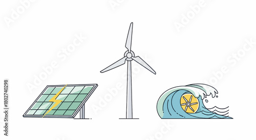 Renewable energy sources including solar panel, wind turbine, and wave power isolated on