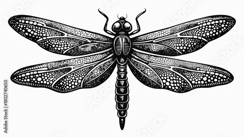 Stylized dragonfly vector illustration showcasing intricate wing patterns and vibrant colors on a plain backdrop..eps
