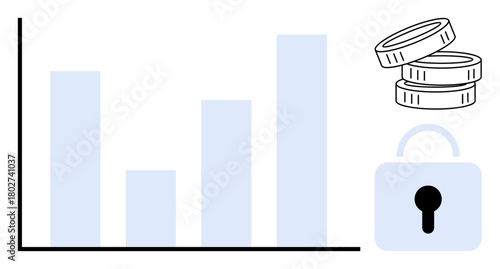 Bar chart analyzing data, stack of coins representing financial growth, and lock symbolizing security. Ideal for finance, investment, business analytics, growth, economic security, data privacy flat