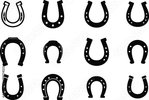 Collection of twelve black metal horseshoes arranged in three rows of four on a white background symbolizing luck and equestrianism
