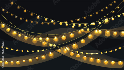 String lights realistically depicted on a black background, showcasing their bright and festive glow..eps