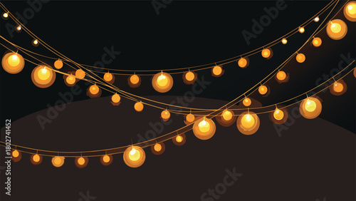 Realistic string lights glowing against a black background, creating a warm and inviting atmosphere..eps