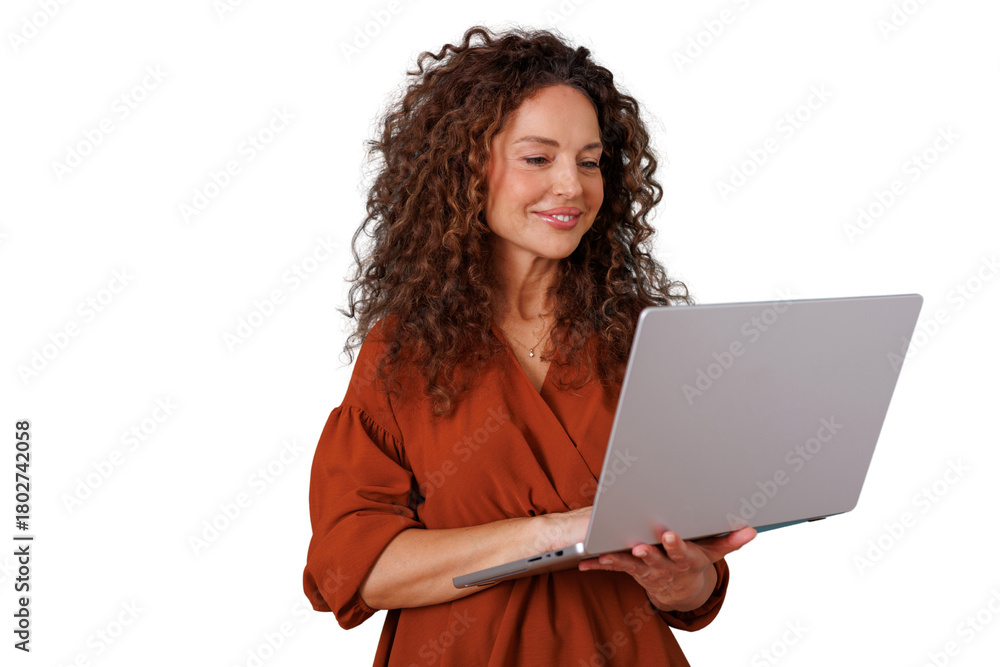 Naklejka premium Woman with curly hair working and smiling, using modern laptop for online business on transparent background