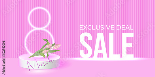 Bright vector banner for 8 March sale with pink gradient background, neon-style headline and tulips. Elegant promotional design for Women’s Day discounts and online shopping offers.