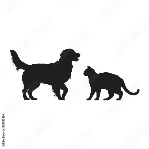 Silhouette of a golden retriever dog facing a cat on a white background in a simple vector image