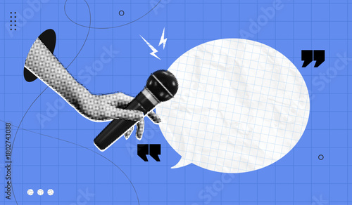 Trendy Halftone Collage Online Broadcasting concept. Hand with Microphone and Speech bubble message. Audio recording of interview. Talking in podcast. Contemporary vector art illustration