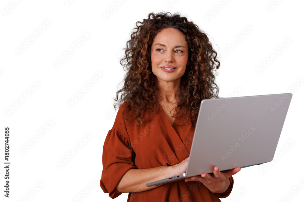 Naklejka premium Confident businesswoman smiling, holding laptop, managing work and technology, transparent background