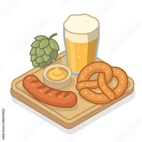 Isometric Stylized Illustration of Oktoberfest Food and Drink on Wooden Tray