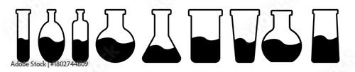 Vector drawing of glass tubes, flasks for chemical experiments. Glass flask for alchemy, magic drinks. A set of flasks for the design of magical rituals.