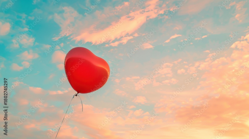 Fototapeta premium A red heart-shaped balloon floats against a colorful sky with soft clouds during sunset. The scene evokes feelings of love and joy.