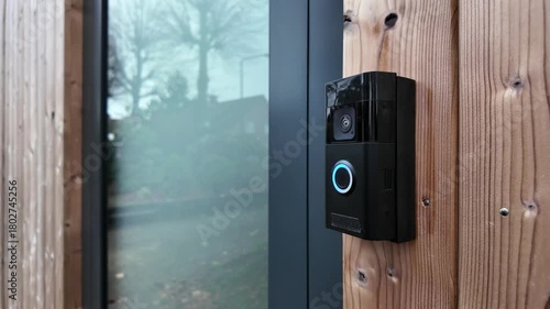 A person using a Smart doorbell with an intercom and double camera at a residential home entrance. Ring Doorbell outside.