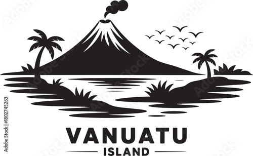Vanuatu island landscape silhouette black and white tropical volcano eruption nature travel vector illustration