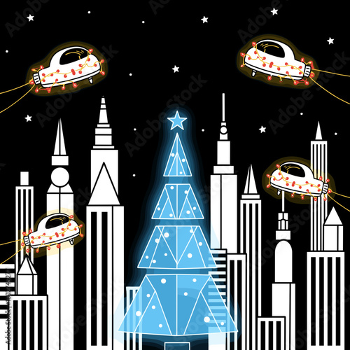 Christmas in the City of the Future. Christmas tree with glowing star among city skyscrapers at night  