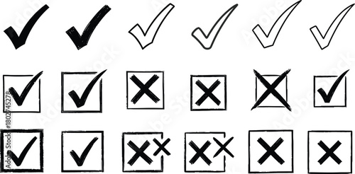 Collection of hand drawn checkmarks and crosses for to do lists