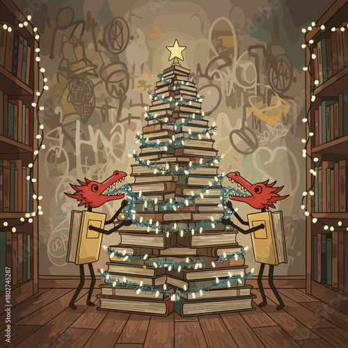 Two dragons from the fairy tale decorate the book's indoor Christmas tree