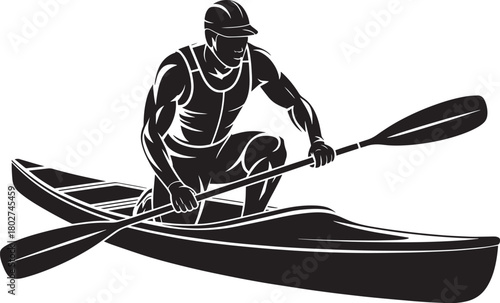 Canoeist paddling in a small boat during kayaking competition stylized vector illustration