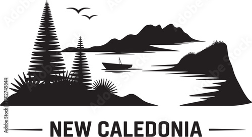 New caledonia scenic view black silhouette featuring tall conical trees mountains and small sailboat on water.