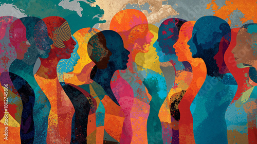 Conceptual illustration showcasing diverse silhouettes in vibrant colors representing unity and connection among people