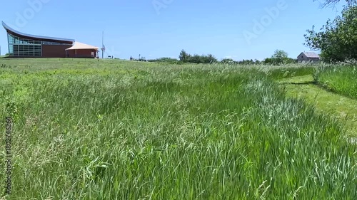 Homestead National Historical Park near Beatrice, Nebraska. Unit of National Park Service commemorates American Homestead Act. Site of first successfully claimed acres. Heritage Center across prairie.