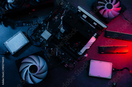 PC repair.PC spare parts. video card, motherboard, RAM, PC cooling system, hard drive, power supply with wires