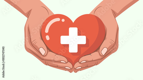 hands holding a heart with a medical cross symbol, vector illustration for healthcare protection, wellness, charity, and medical support