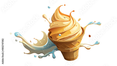 Ultra-realistic vanilla soft-serve ice cream cone with dramatic milk splash frozen in motion, glossy creamy texture, studio lighting, commercial advertising style, transparent background