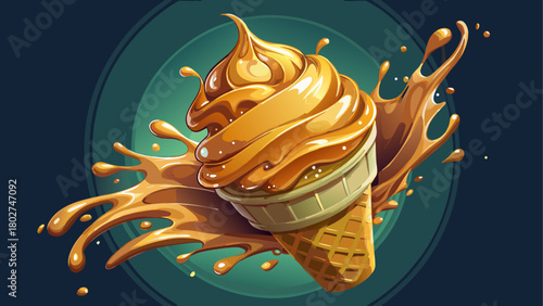 Caramel soft-serve ice cream cone with golden caramel splash explosion, ultra-detailed droplets, creamy glossy texture, advertising-style commercial lighting