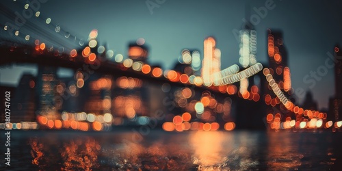 Blurred Lights of Brooklyn Bridge and Cityscape at Night.