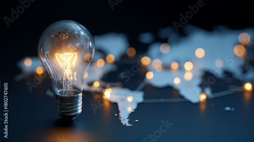 Glowing light bulb illuminating a world map with soft lights twinkling around it